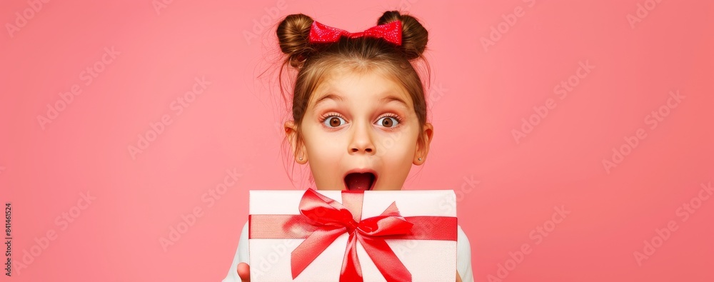 Excited girl holding a gift with a red ribbon on a pink background. Happy child receiving a present. Concept of surprise, joy, celebration, childhood delight Excited girl holding a gift with a red ribbon on a pink background. Happy child receiving a present. Concept of surprise, joy, celebration, childhood delight