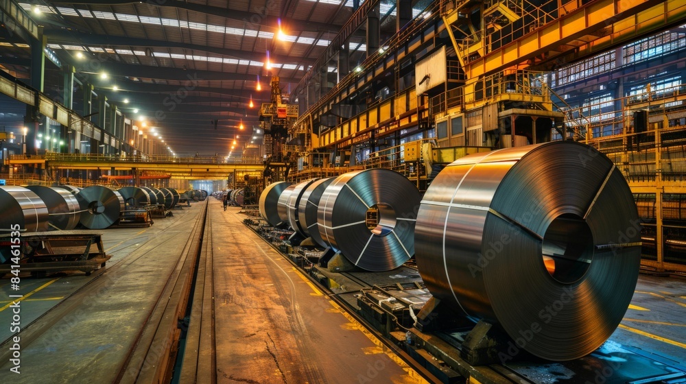 Obraz premium Evening shift in a steel sheet warehouse, with workers operating machinery to move heavy steel rolls