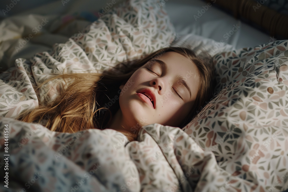 Obraz premium In the morning light, a young girl sleeps soundly in bed, her mouth open as she snores loudly