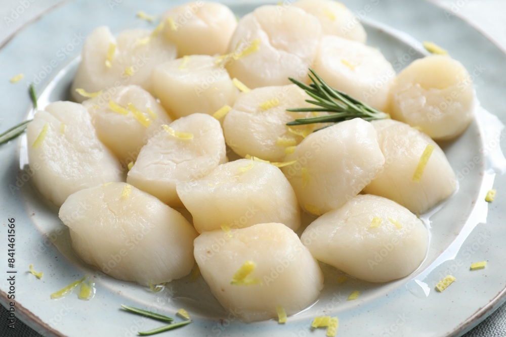 Raw scallops with lemon zest and rosemary on plate, closeup Raw scallops with lemon zest and rosemary on plate, closeup