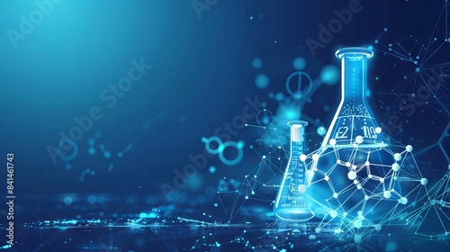 Scientific laboratory with blue chemistry glassware and molecular structure background. Concept of science, research, chemical experiments, technology advancements. Copy space