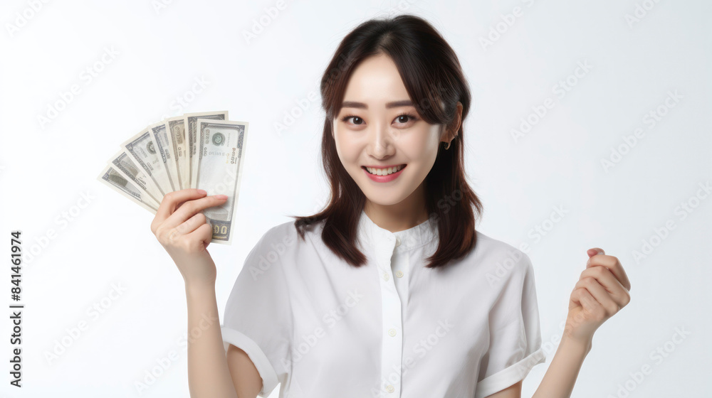 Young woman smiling while holding dollar bills. Concept of wealth, financial success, and economic empowerment against a white background. Young woman smiling while holding dollar bills. Concept of wealth, financial success, and economic empowerment against a white background.