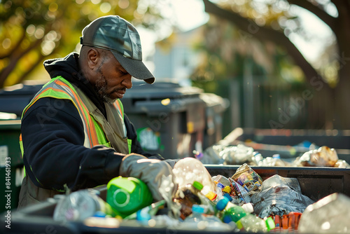 Obraz na płótnie With focused attention, a waste management worker diligently sorts materials in a recycling bin outdoors w salonie