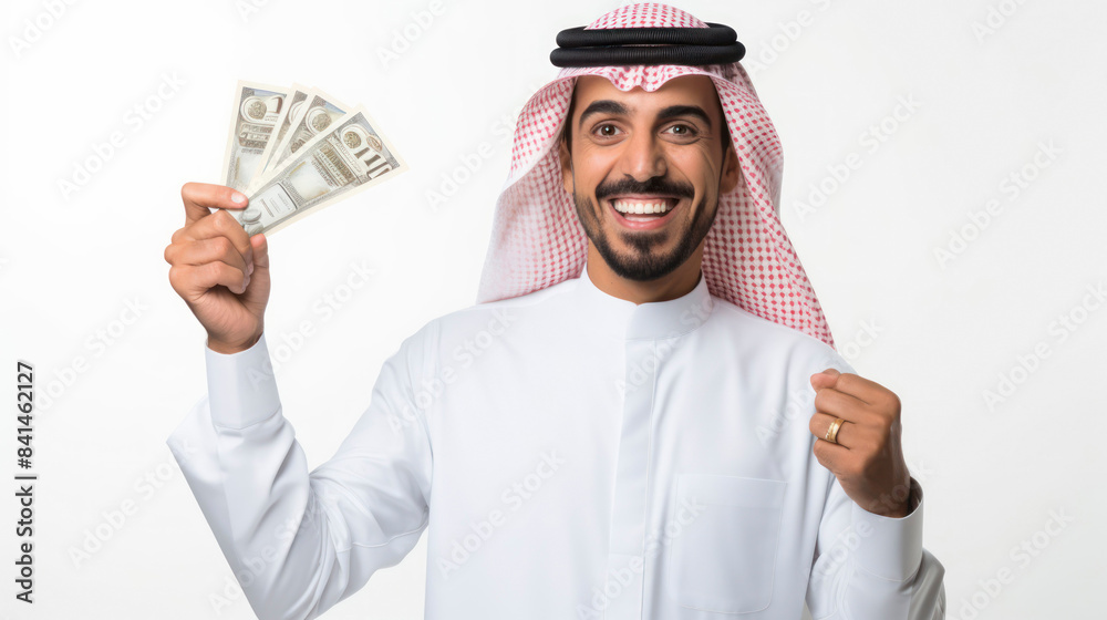 A joyful man in traditional Middle Eastern attire holding dollars, celebrating financial success and happiness on a white background. A joyful man in traditional Middle Eastern attire holding dollars, celebrating financial success and happiness on a white background.
