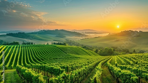 A breathtaking view of a Tuscan vineyard at sunrise, with the warm glow of the morning sun casting a golden hue over the rolling hills. The lush green vineyards stretch across the countryside, © Thanyaporn