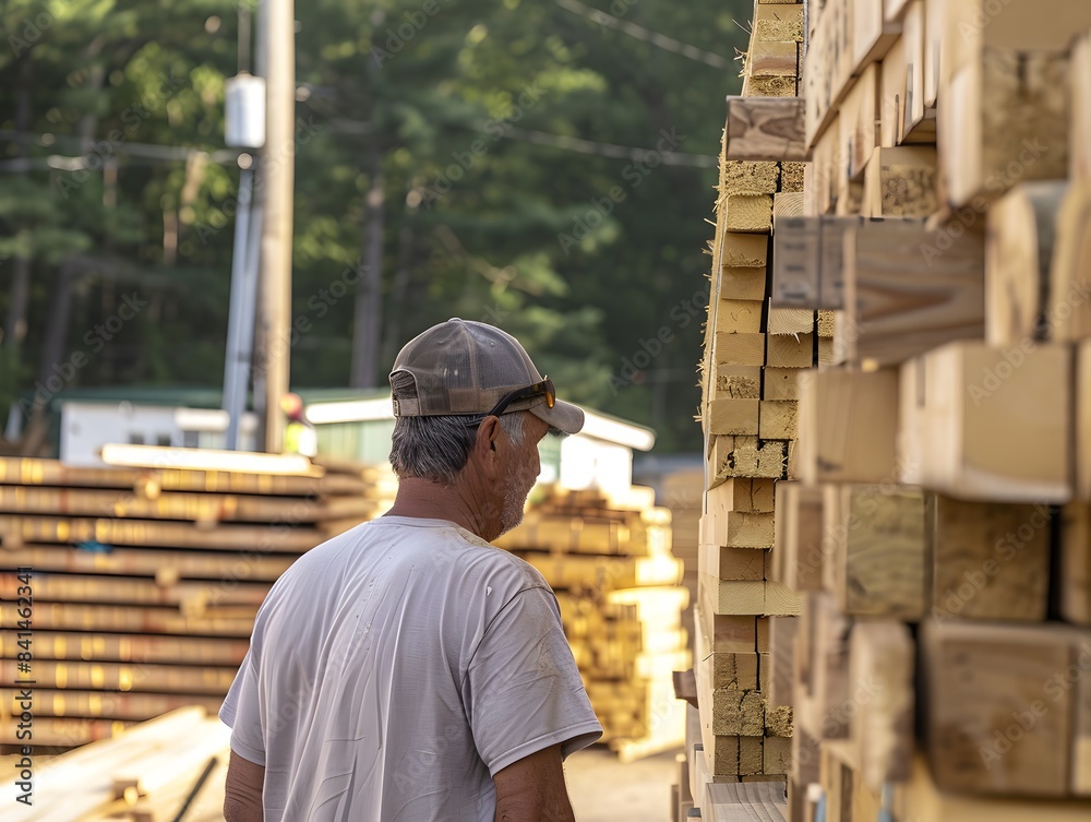 A wood worker man wearing a hat and a gray shirt is standing in front of a pile of wood A wood worker man wearing a hat and a gray shirt is standing in front of a pile of wood