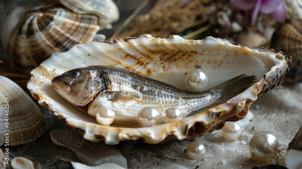 Shell and pearl backdrop with home prepared fish dish Natural shell setting Shell and pearl backdrop with home prepared fish dish Natural shell setting