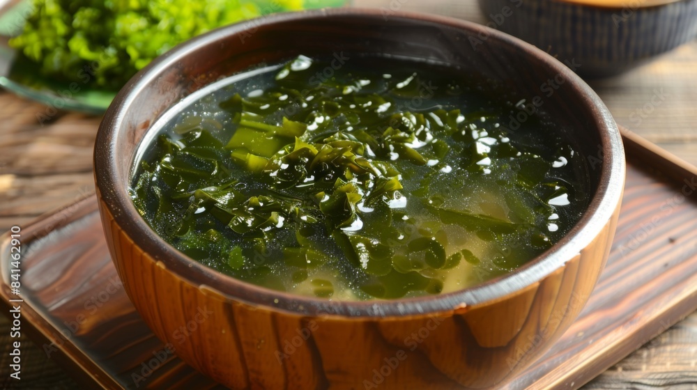 A bowl of miso soup with wakame seaweed floating on the surface, providing a nutritious and flavorful addition to the traditional Japanese dish A bowl of miso soup with wakame seaweed floating on the surface, providing a nutritious and flavorful addition to the traditional Japanese dish