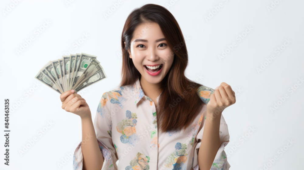 Excited young woman holding cash, celebrating big win or financial success. Happy expression, isolated on white background. Excited young woman holding cash, celebrating big win or financial success. Happy expression, isolated on white background.