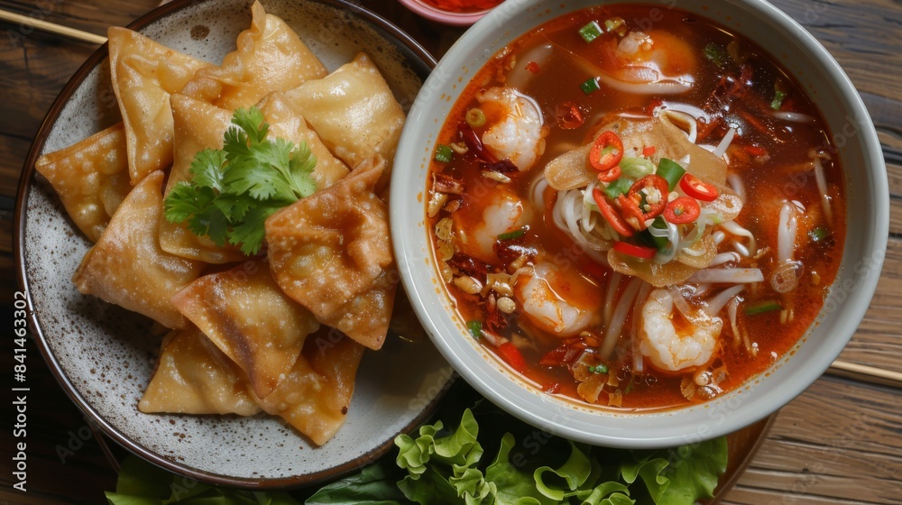A bowl of tom yum soup served with a side of crispy fried wontons, creating a delightful contrast of textures and flavors in each bite
