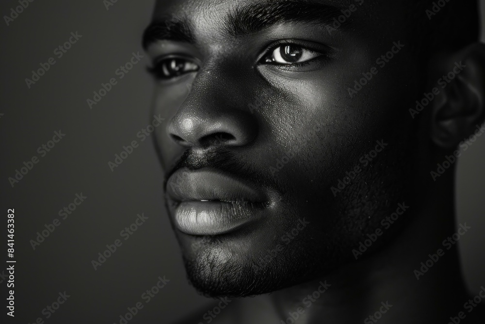 Close-up portrait of a thoughtful young male gazing away in black and white