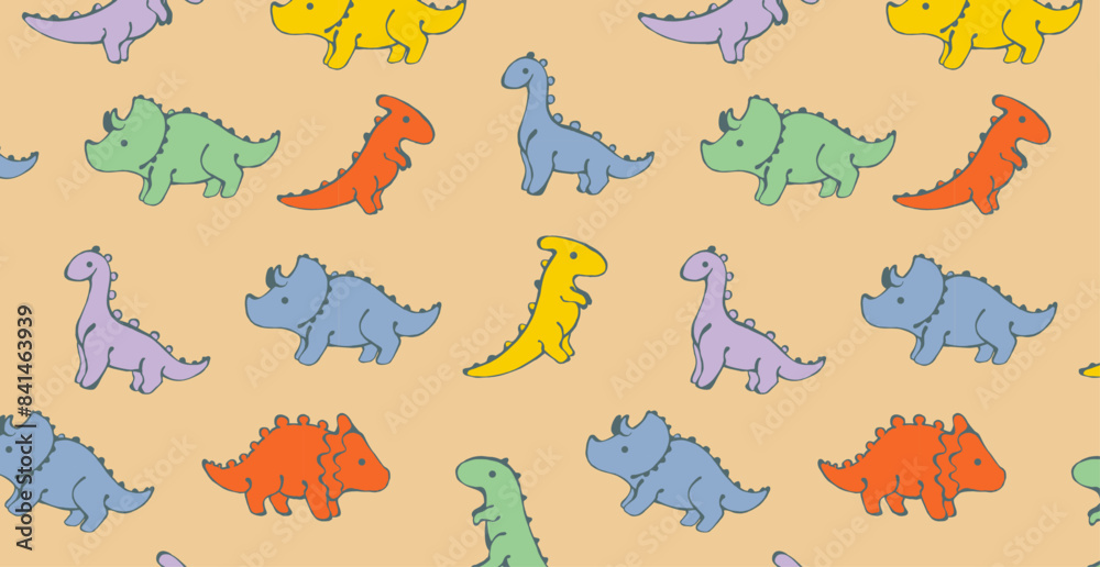 Children’s animals pattern with colourful dinosaurs on beige background. Cute dinosaur wallpaper. Seamless pattern for nursery decor, kids design and print. Children’s animals pattern with colourful dinosaurs on beige background. Cute dinosaur wallpaper. Seamless pattern for nursery decor, kids design and print.