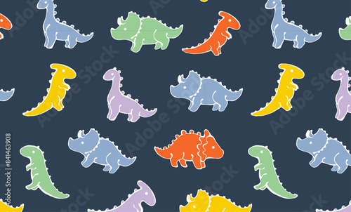 Children   s animals pattern with colourful dinosaurs on dark blue background. Cute dinosaur wallpaper. Seamless pattern for nursery decor  kids design and print.