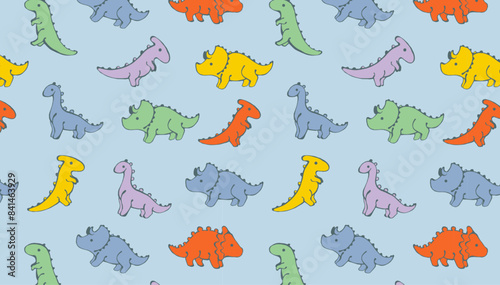 Children   s animals pattern with colourful dinosaurs on blue background. Cute dinosaur wallpaper. Seamless pattern for nursery decor  kids design and print.