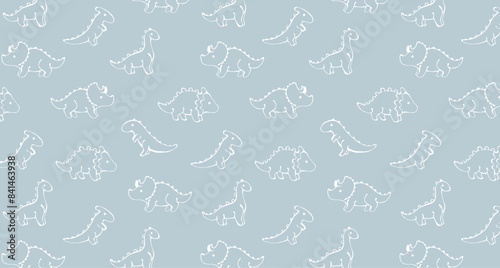 Children’s animals pattern with dinosaurs on pastel light blue background. Cute dinosaur wallpaper. Seamless pattern for nursery decor, kids design and print.
