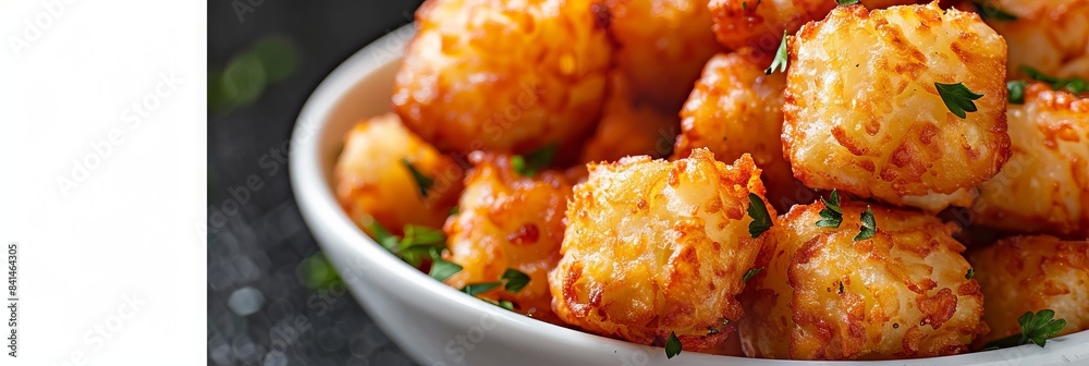 A tater tots close up, food design, dynamic, dramatic compositions, with copy space. A tater tots close up, food design, dynamic, dramatic compositions, with copy space.