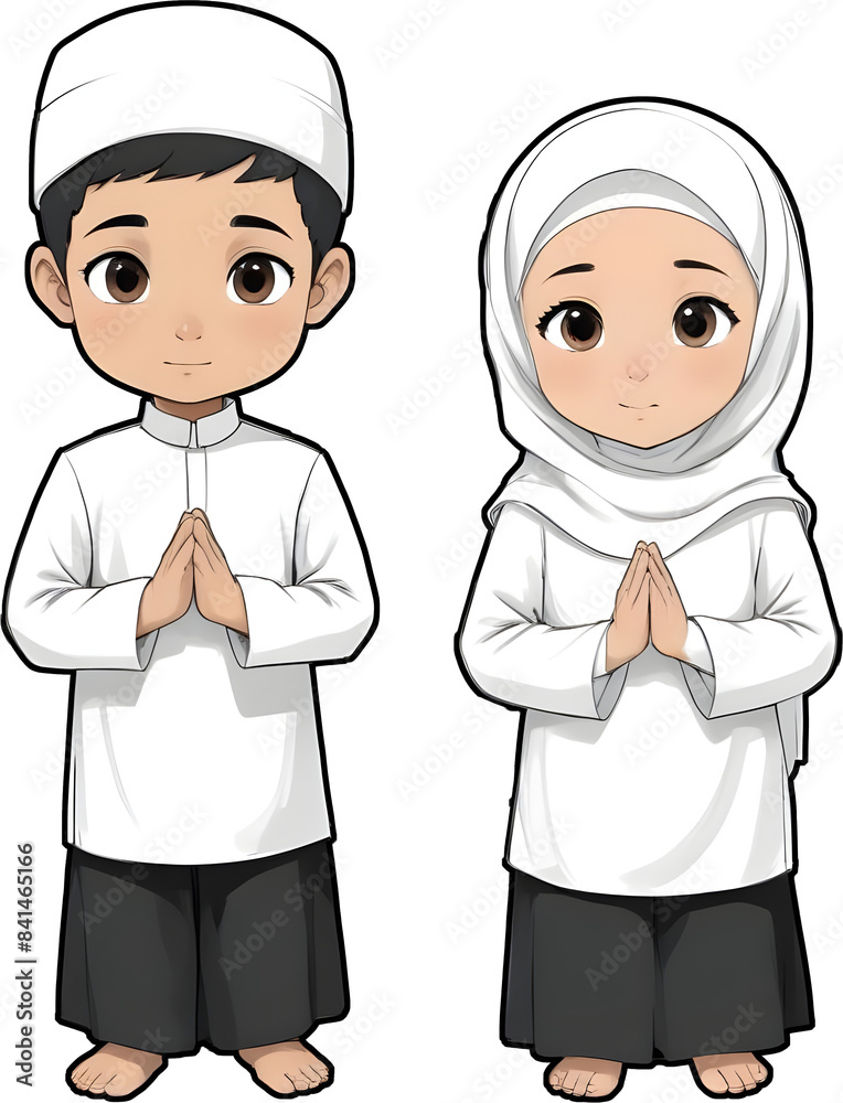 A young Muslim boy and girl wearing traditional white clothing and standing with their hands clasped in a prayer position A young Muslim boy and girl wearing traditional white clothing and standing with their hands clasped in a prayer position