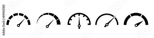 WebSpeedometer icon set. Risk meter icon set. Risk concept on speedometer. Set of gauges from low to high.  Vector illustration.