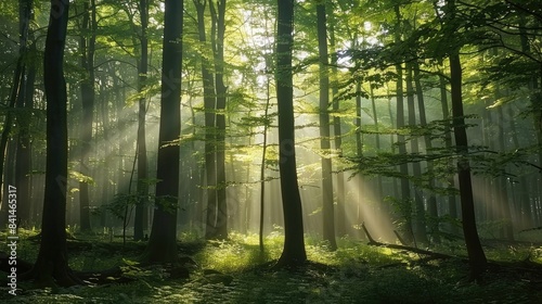 A serene forest scene with sunlight streaming through the trees.
