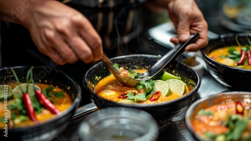 A chef garnishing bowls of tom yum soup with fresh lime wedges, Thai bird's eye chilies, and cilantro, adding a burst of citrus and heat to the spicy broth