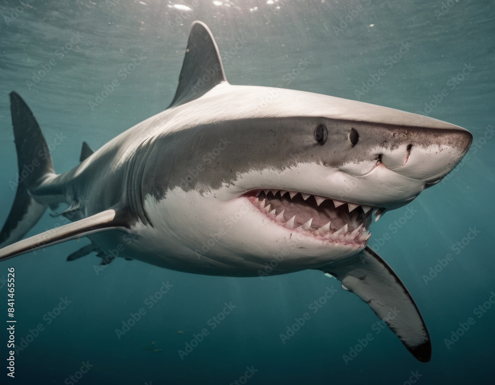 Fototapeta premium Un giovane squalo nuota vicino alla superficie, la sua figura snella e agile che si muove con curiosità. 