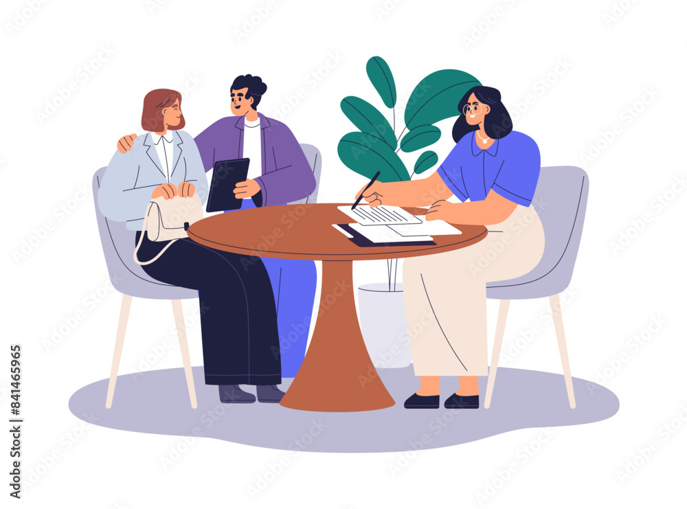 Bank clients consult with financial adviser. Customers and consultant at desk, applying documents for loan, mortgage, credit. Finance department. Flat vector illustration isolated on white background