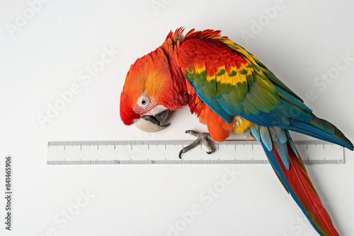 Scarlet macaw parrot perched on a ruler for a size check by a vet, emphasizing care for exotic pets