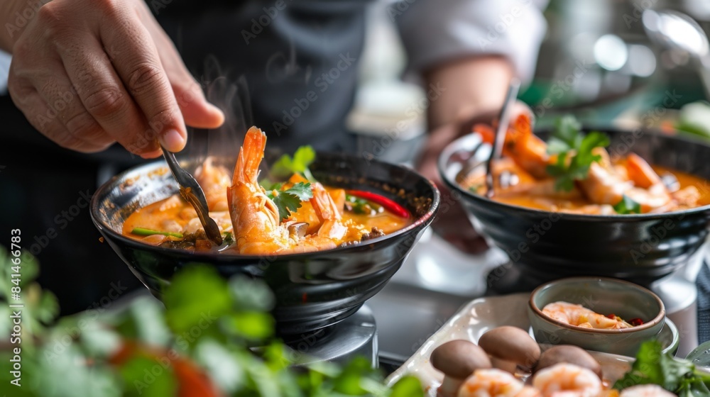 A chef ladling piping hot tom yum soup into bowls, garnished with shrimp, mushrooms, and cilantro, ready to be served and savored A chef ladling piping hot tom yum soup into bowls, garnished with shrimp, mushrooms, and cilantro, ready to be served and savored