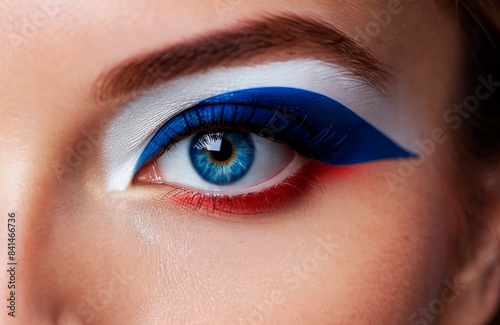 Woman eye with makeup in the colors of the French flag