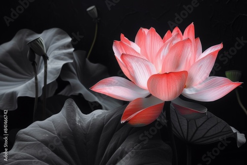 Velvety Black lotus flower in dark background. Nature leaf waterlily light plant. Generate Ai