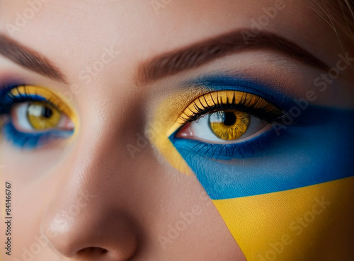 Woman eye with makeup in the colors of the Ukrainian flag