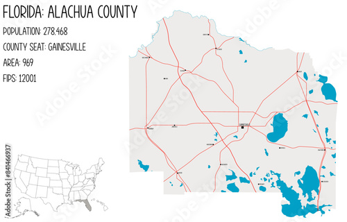 Large and detailed map of Alachua County in Florida, USA.