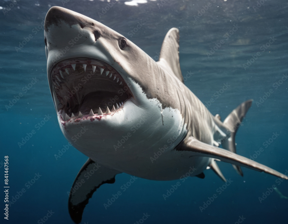 Naklejka premium Il riflesso dello squalo è visibile nell'acqua calma, creando un'immagine speculare perfetta. 
