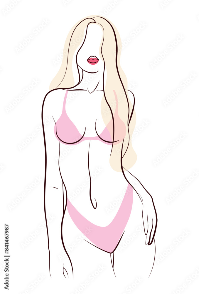 Vector illustration of a beautiful, blonde girl with a seductive figure in a swimsuit. Cartoon scene of a girl with lush hair, plump lips, bra and panties, isolated on white background. Line drawing. Vector illustration of a beautiful, blonde girl with a seductive figure in a swimsuit. Cartoon scene of a girl with lush hair, plump lips, bra and panties, isolated on white background. Line drawing.