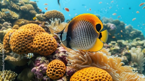 Chaetodon fasciatus or Butterfly fish in the expanses of the coral reef. Generative Ai photo