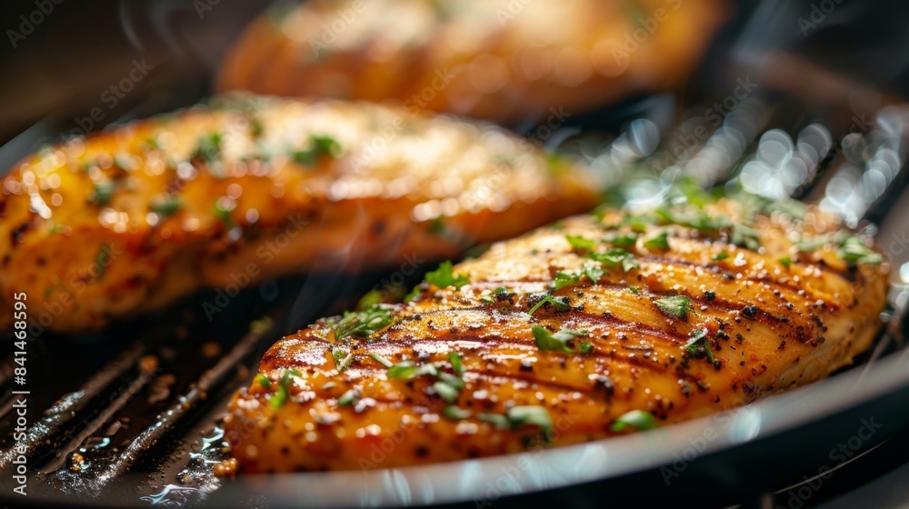 A close-up of a seasoned chicken steak on a grill pan, sizzling and caramelizing as it cooks, releasing mouthwatering aromas A close-up of a seasoned chicken steak on a grill pan, sizzling and caramelizing as it cooks, releasing mouthwatering aromas