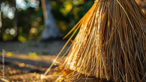 Palm fiber broom tip under the afternoon sunlight photo