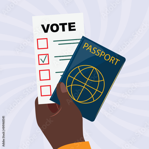 Passport and voting application in a black hand, election day theme, striped background