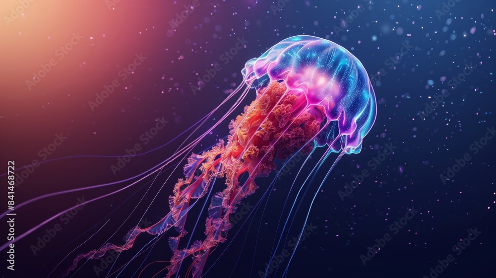 Naklejka premium Glowing Jellyfish Drifting In Deep Ocean With Colorful Tentacles And Light Reflections, Underwater Marine Wildlife Scene