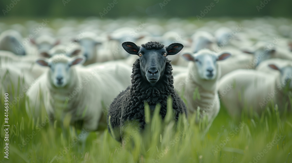 Obraz premium A black sheep stands out in a flock of white sheep in a grassy field. The black sheep is in sharp focus, symbolizing individuality and uniqueness amidst the uniformity of the white sheep. 