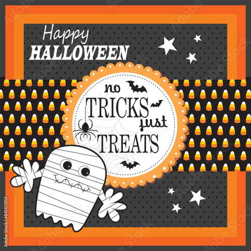 Happy Halloween card design with cute mummy and lettering