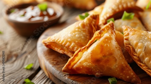 A close-up of golden and crispy samosas served with tangy tamarind chutney, a popular Indian snack enjoyed for its savory filling and crispy pastry shell