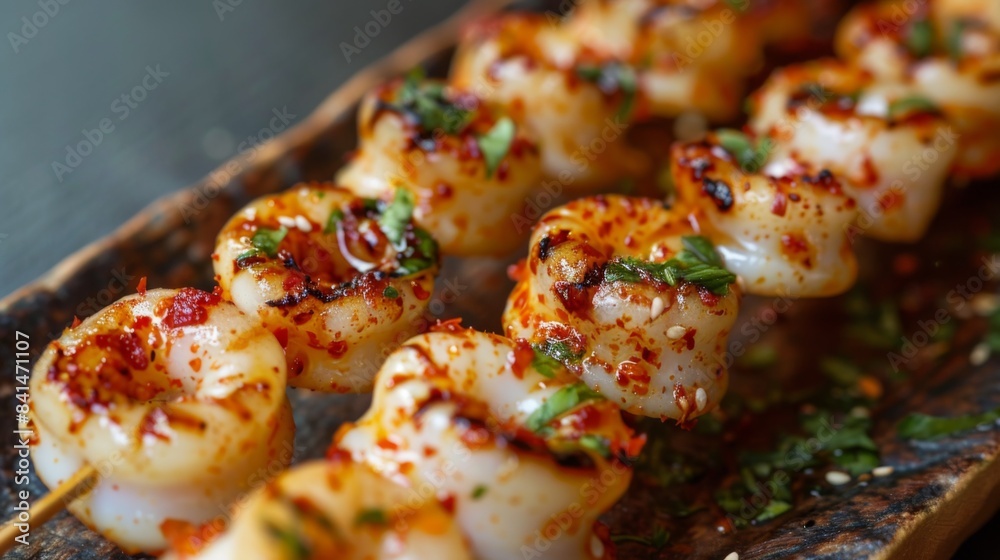 A close-up of grilled squid rings skewered on wooden sticks, served with a drizzle of chili lime sauce for a spicy kick A close-up of grilled squid rings skewered on wooden sticks, served with a drizzle of chili lime sauce for a spicy kick