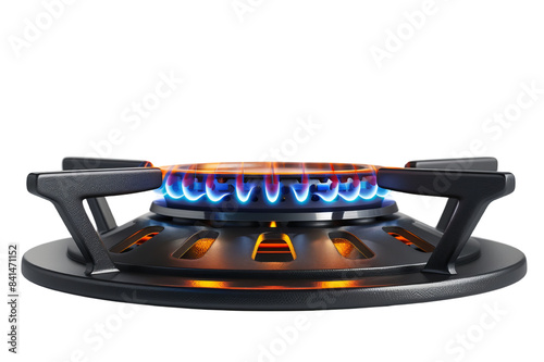 Close-up of a gas stove burner with blue flames, ideal for concepts of energy, cooking, and kitchen appliances.