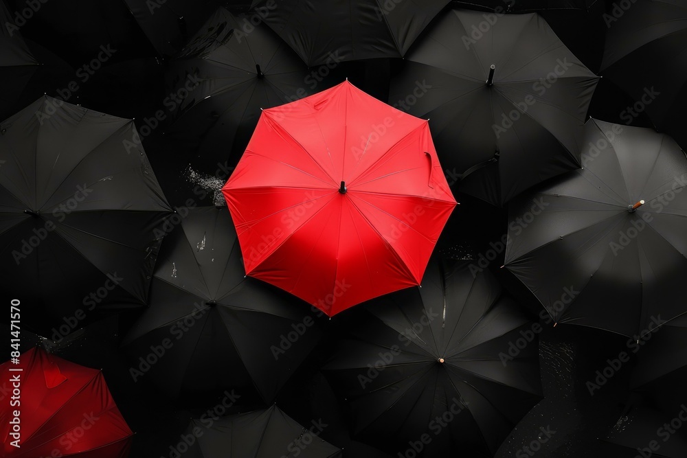 Waterproof Black umbrellas with two red. Rain idea group. Generate Ai Waterproof Black umbrellas with two red. Rain idea group. Generate Ai