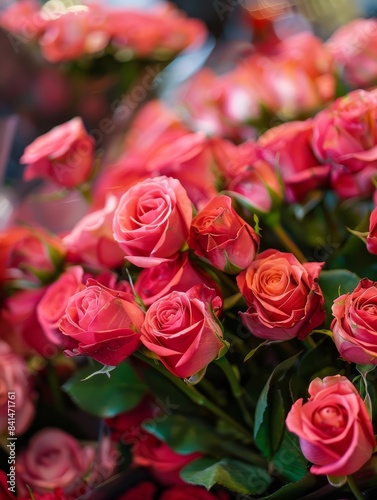 A close-up shot of a lush bouquet of pink roses with soft focus background