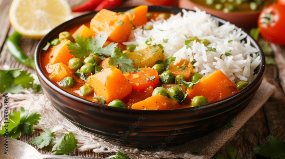 A colorful and aromatic bowl of vegetable curry served with fluffy basmati rice, showcasing the vibrant flavors and diverse ingredients of Indian vegetarian cuisine A colorful and aromatic bowl of vegetable curry served with fluffy basmati rice, showcasing the vibrant flavors and diverse ingredients of Indian vegetarian cuisine