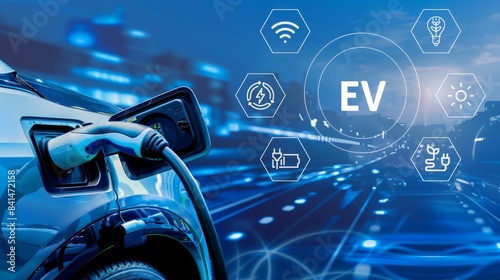 An electric vehicle charging with illustration EV icons on dark background