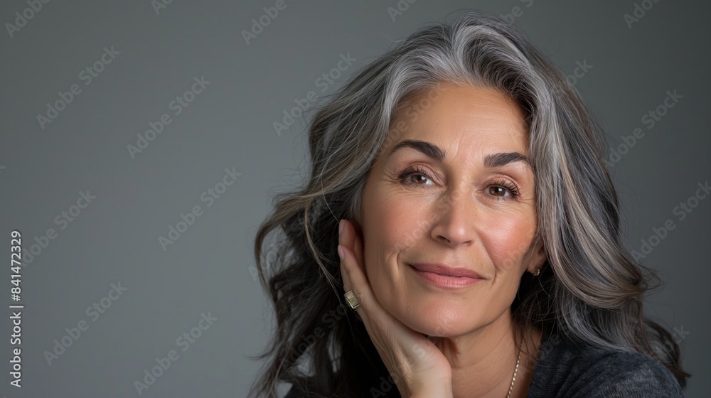 Fototapeta premium Beautiful mature woman with glowing skin from effective anti-aging treatments, on a grey background, with copy space, highlighting her confidence and commitment to self-care