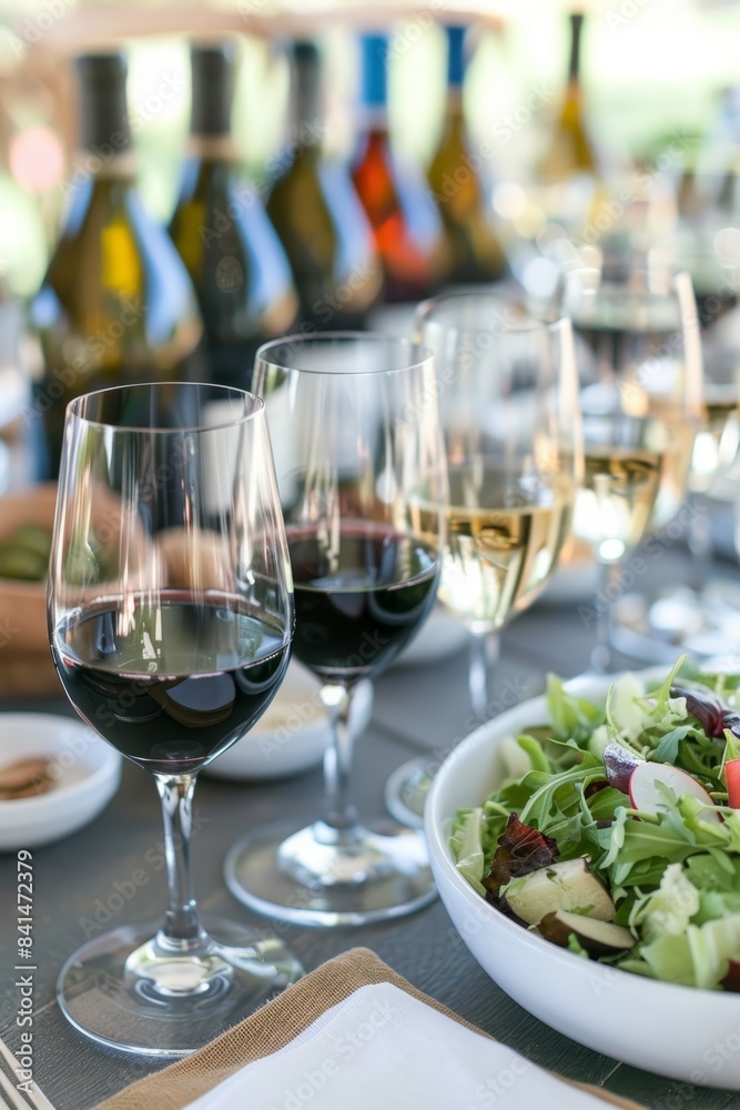 Table set with food plates, wine glasses, salad bowl, and wine glass on top elegant dining setup Table set with food plates, wine glasses, salad bowl, and wine glass on top elegant dining setup